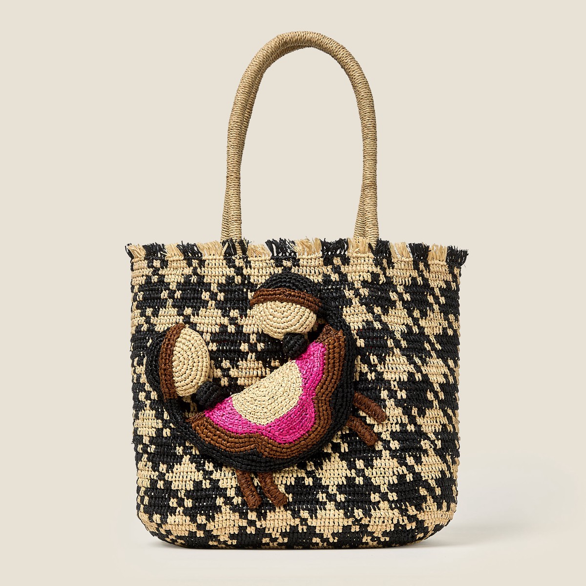 Crab and Houndstooth Raffia Tote Bag - Monochrome