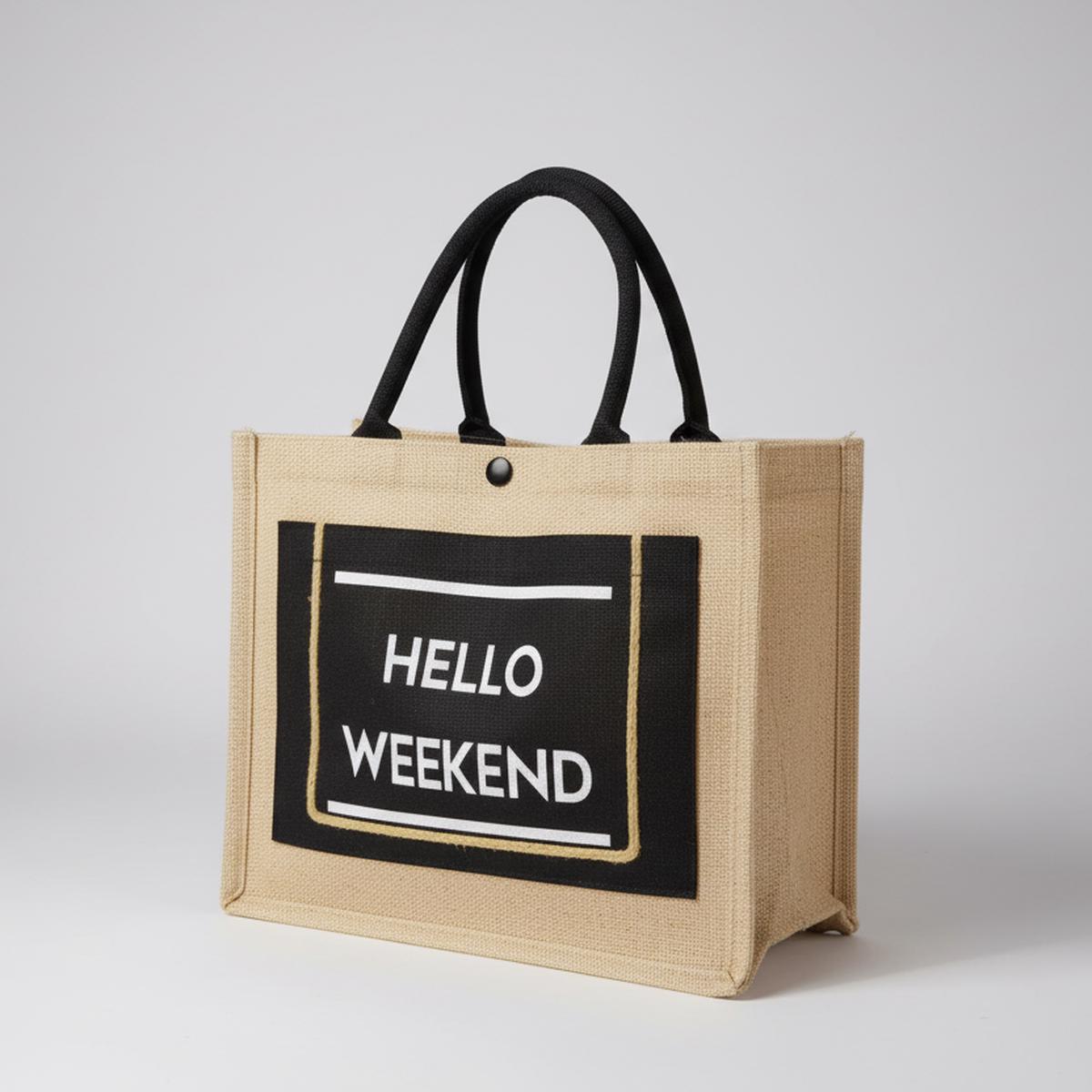 Hello Weekend Tote Bag Jute Canvas Smart Casual with Front Pocket 35x18x30cm