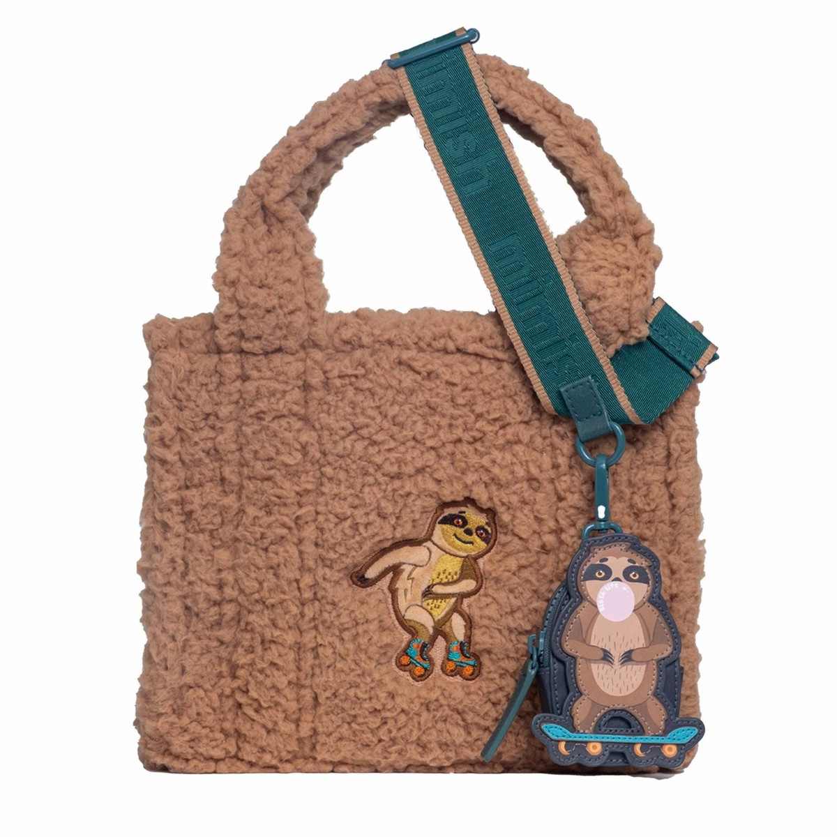 Sherpa Tote Bag Cozy, Colorful & Convertible with Matching Coin Purse, Skating Sloths