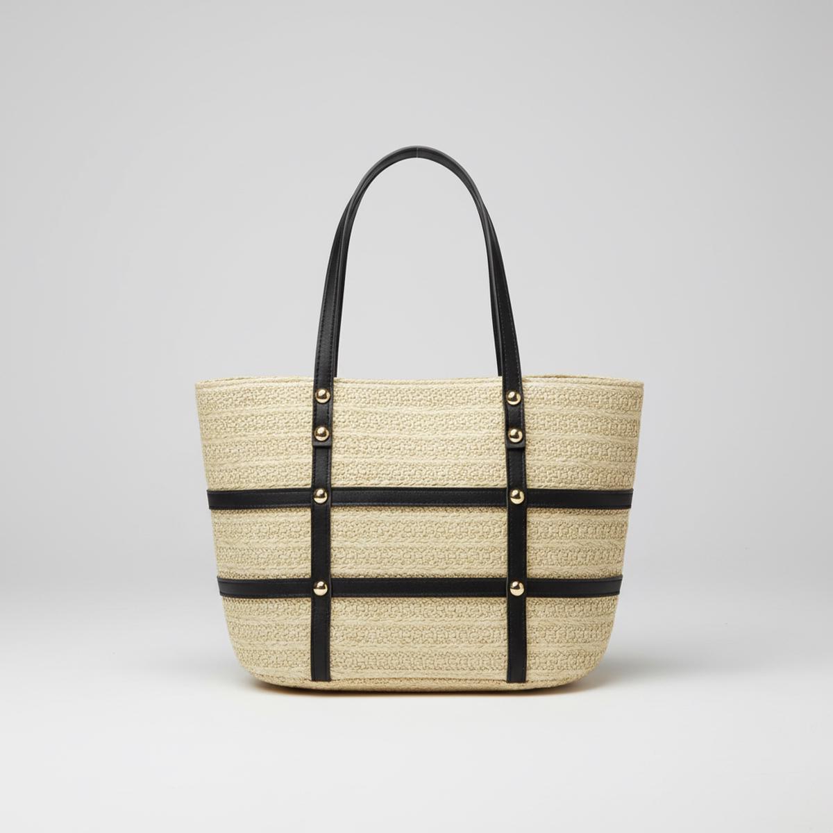 Women's Minimalist Solid Color Tote Bag Woven Straw with Leather Straps 30x25cm