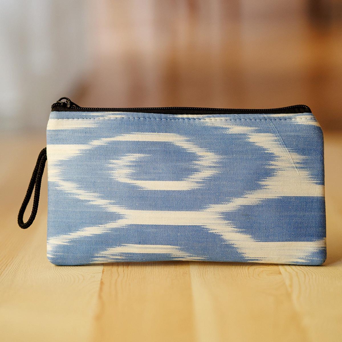 Abstract Blue Ikat Patterned Cotton Cosmetic Bag with Zipper - Oceanic Ikat
