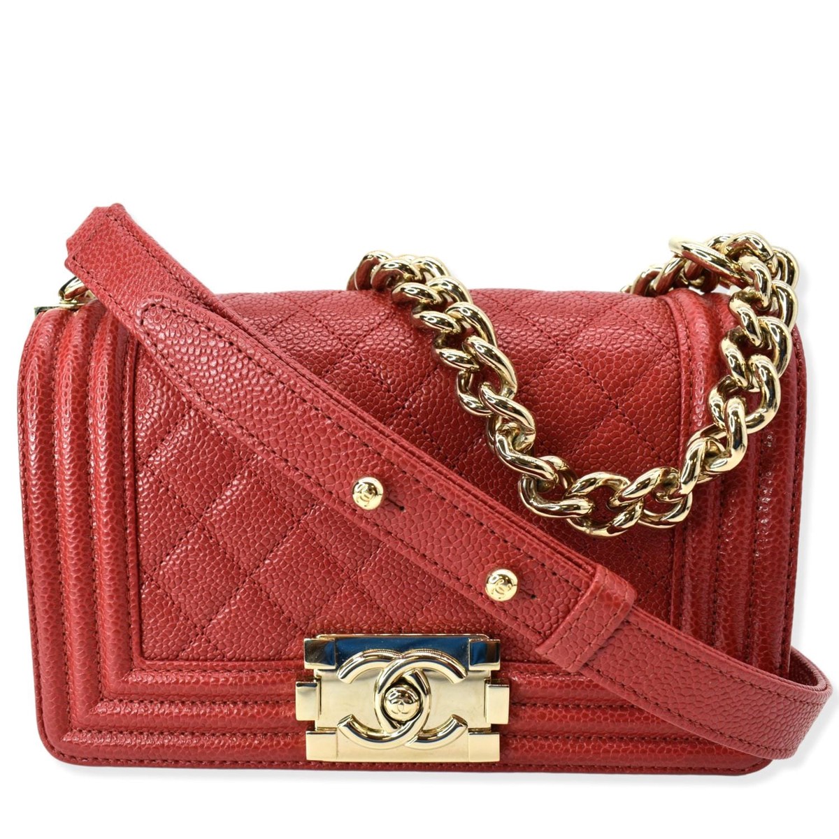 CHANEL Le Boy Small Caviar Leather Shoulder Bag Red