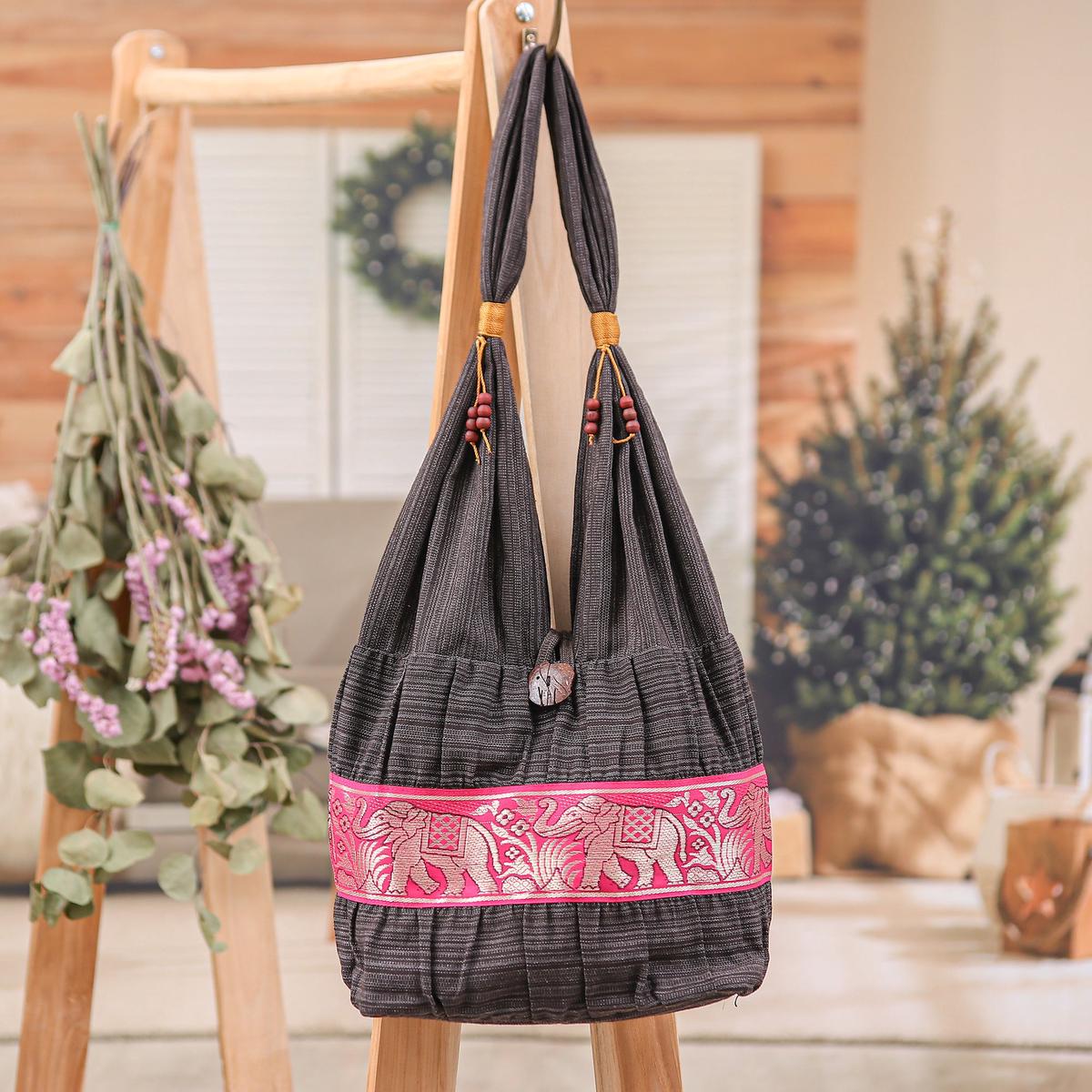 Handmade Grey Cotton Shoulder Bag - Scarlet Thai