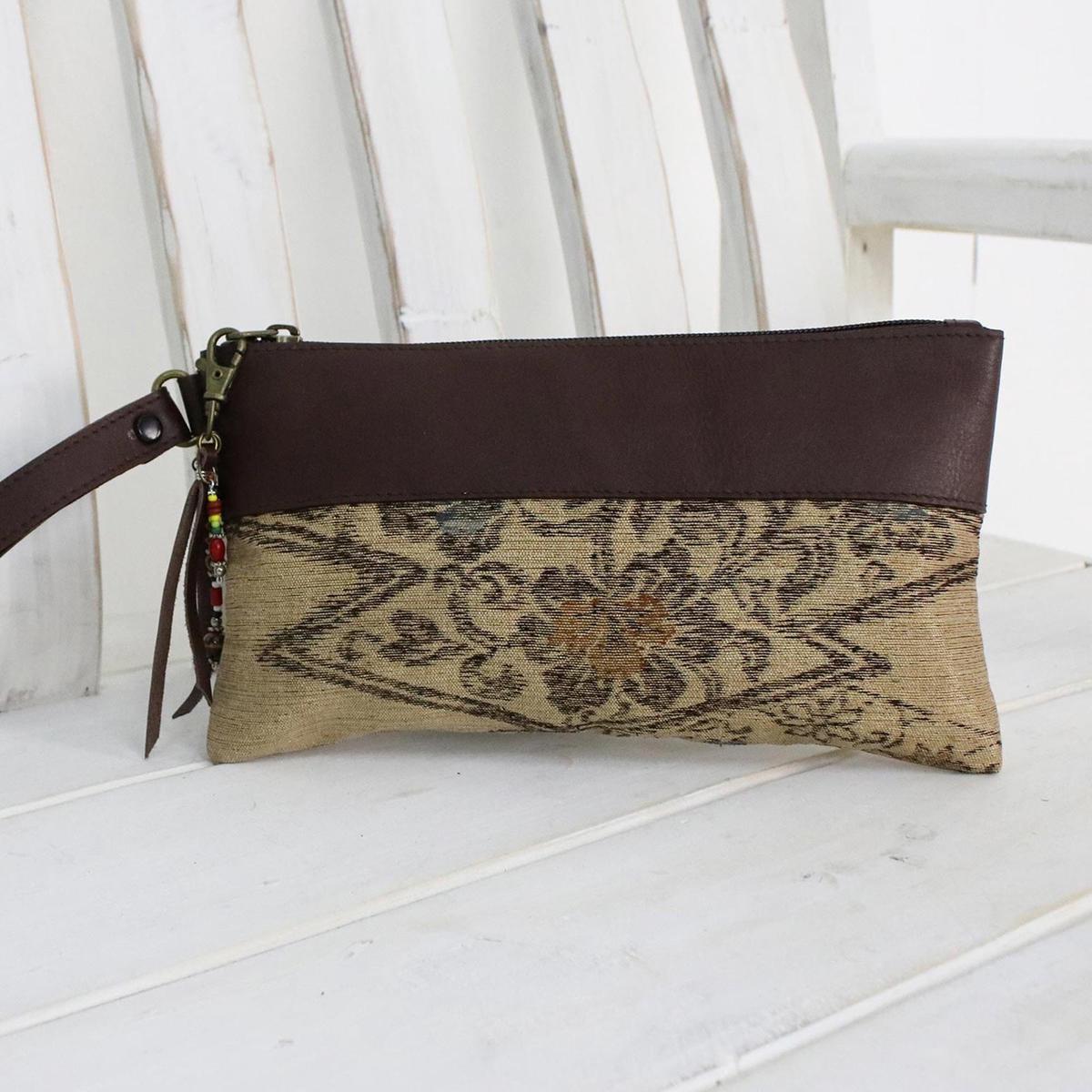 Leather Accent Silk Floral Wristlet in Beige from Thailand - Flower of Chiang Mai