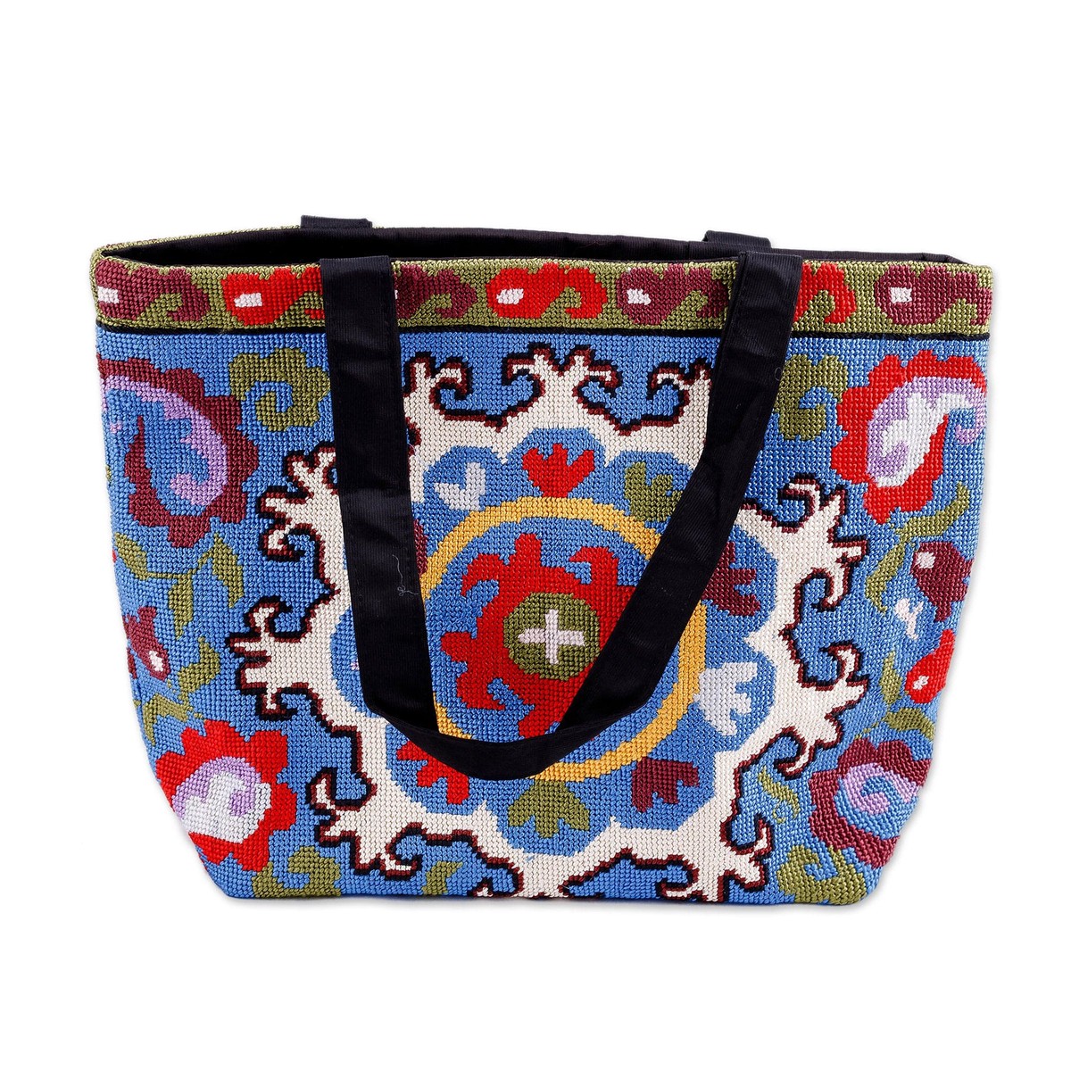 Paisley-Inspired Iroki Embroidered Zippered Blue Handbag - Paisley Festival