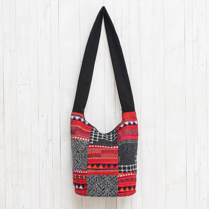 Red and Black and White Patchwork Cotton Blend Shoulder Bag - Patchwork Perfection