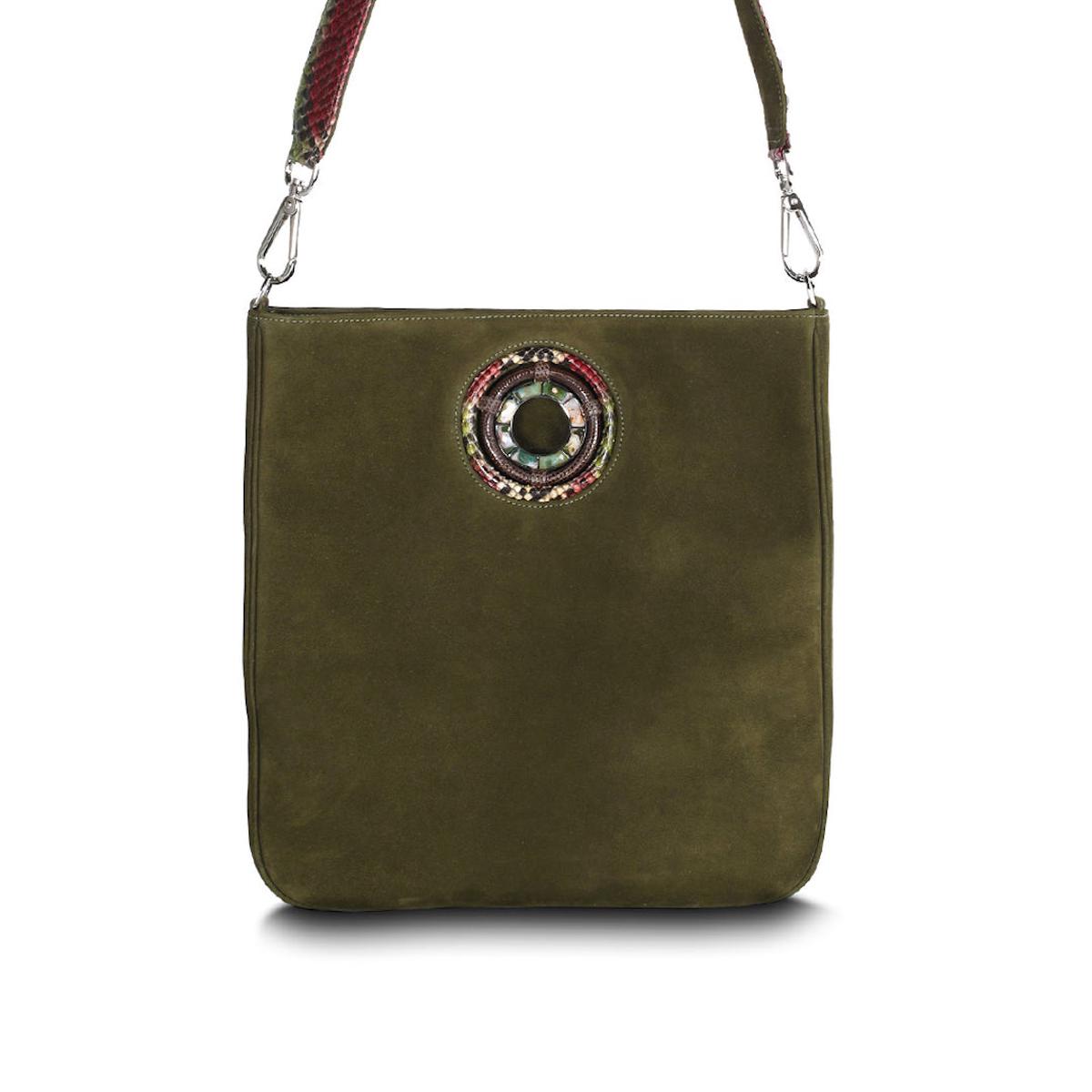 Cloe Jeweled Crossbody Tote - Olive Suede, Jasper