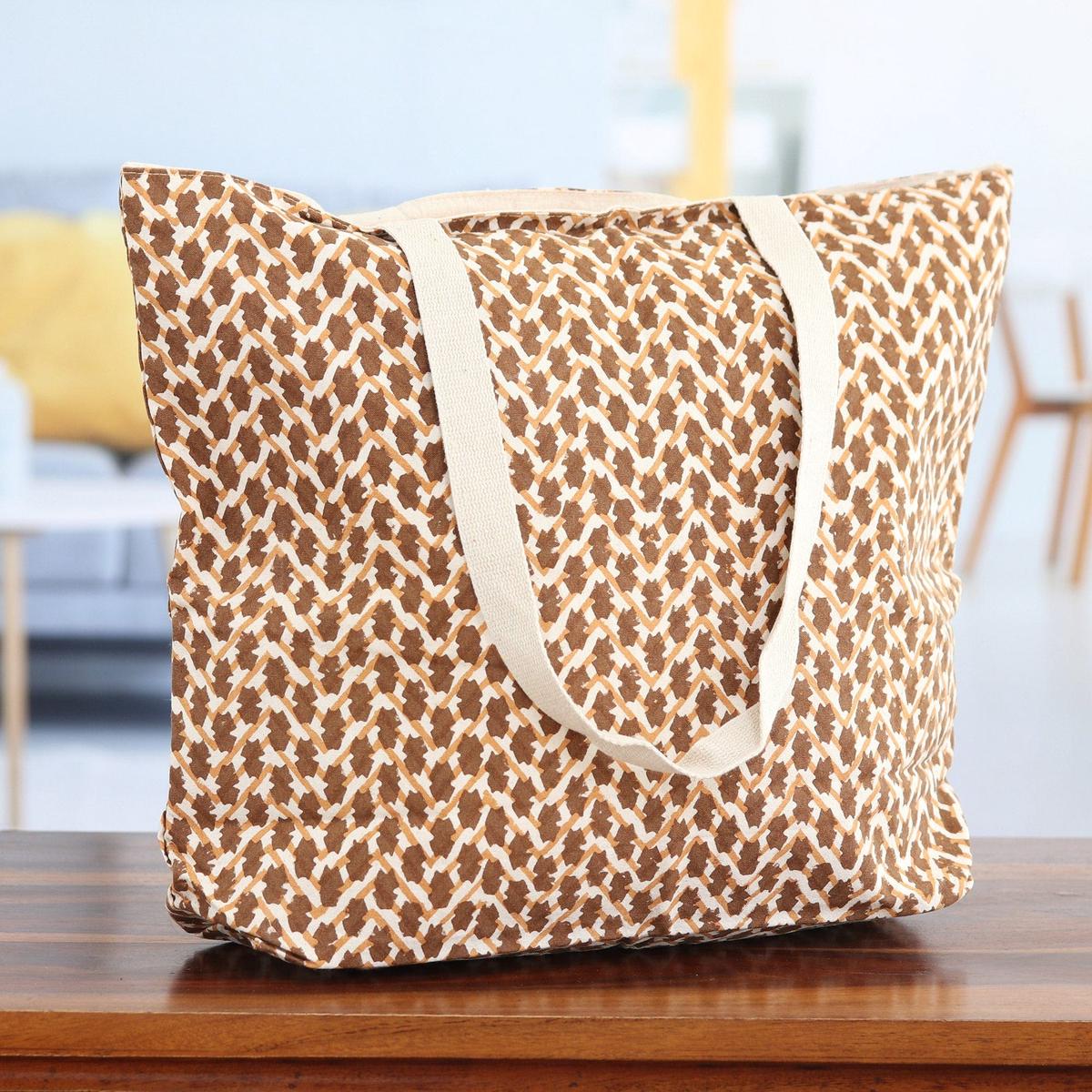Cotton Tote Bag with Block-Printed Modern Design in Sepia - Sepia Ties