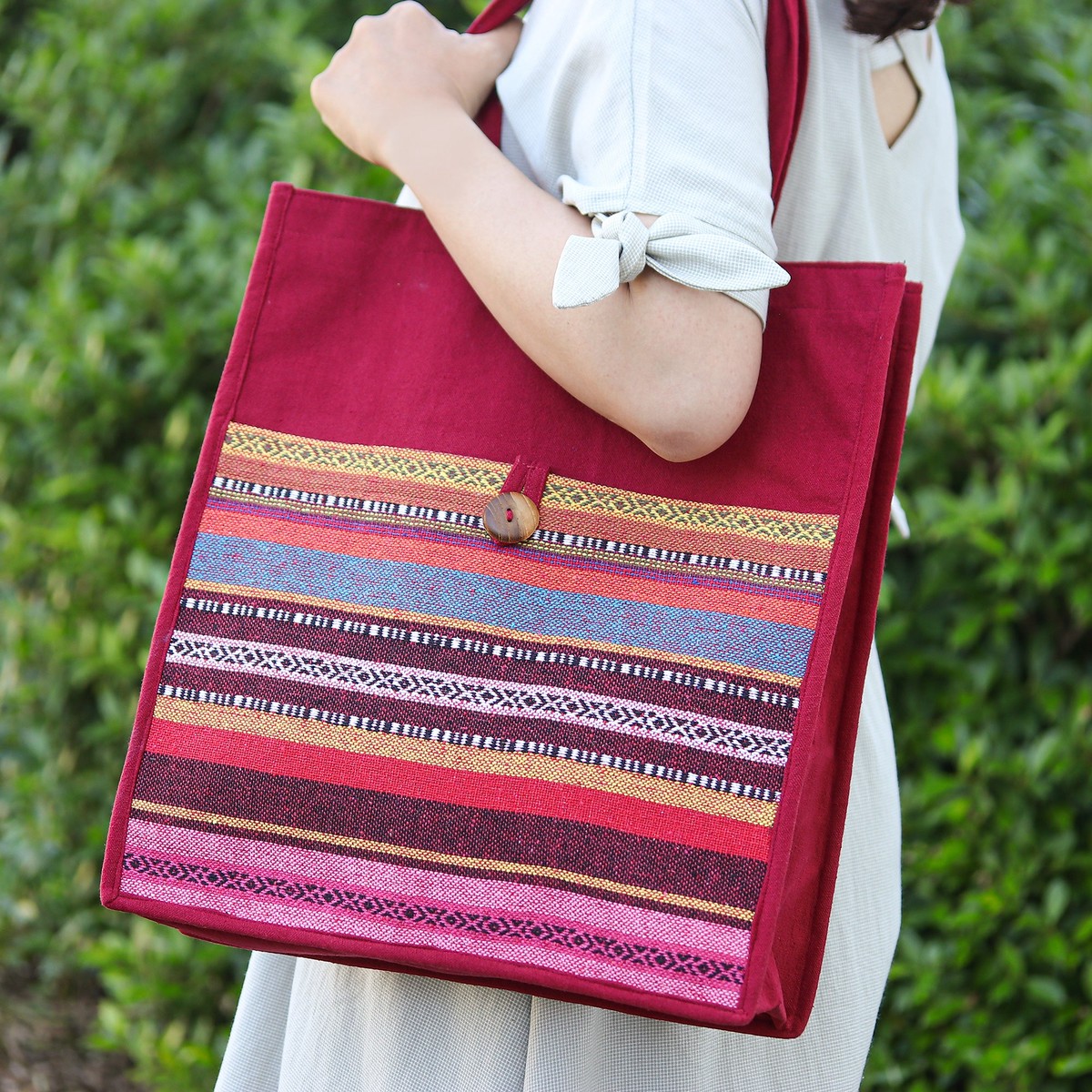 Striped Thai-Made 100% Cotton Tote Bag in a Warm Palette - Thai Flames