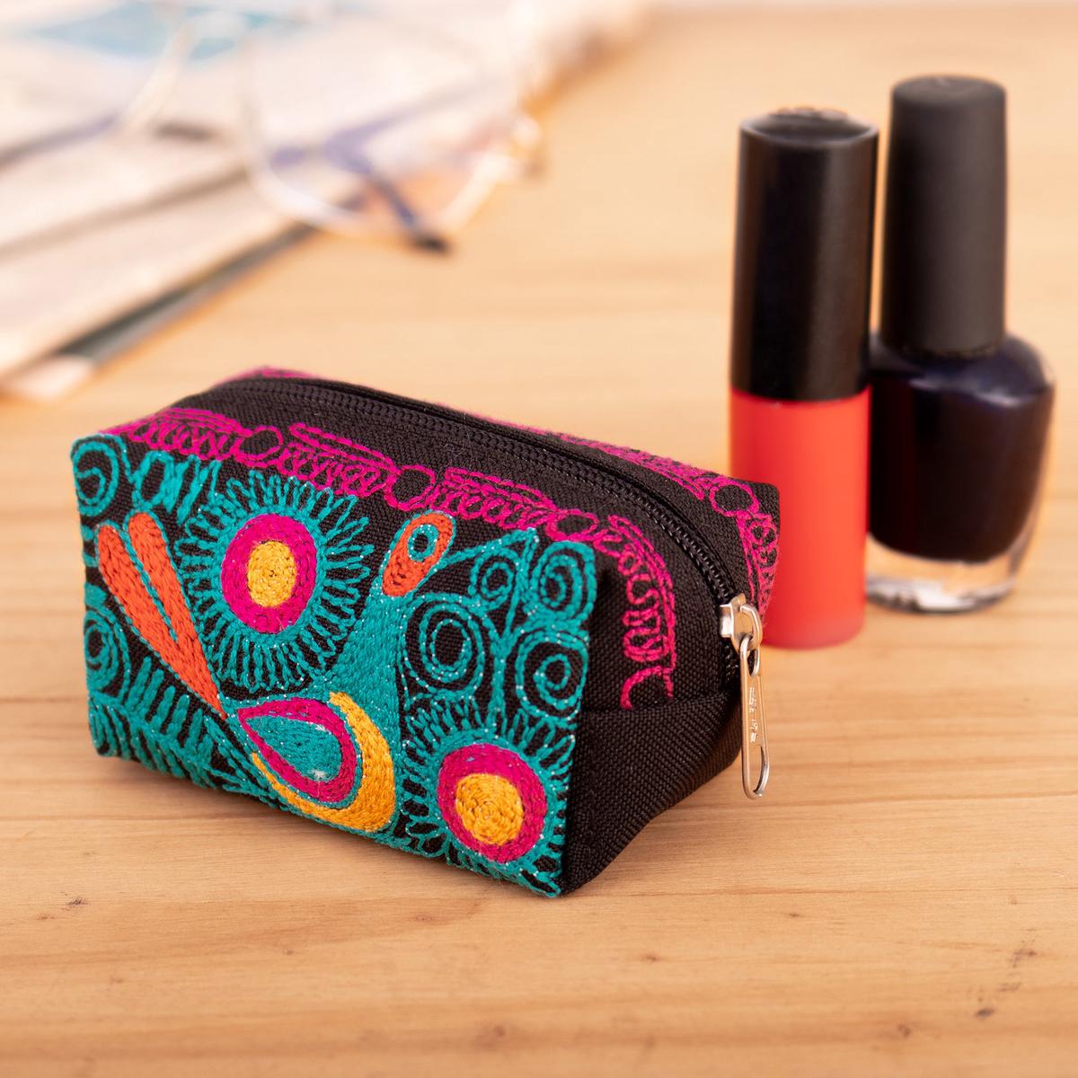 Andean-Themed Turquoise and Fuchsia Embroidered Cosmetic Bag - Charmed Feathers