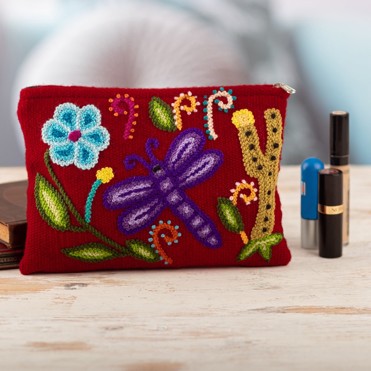 Hand-Woven Hand-Embroidered Wool Cosmetic Bag with Dragonfly - Andean Dragonfly