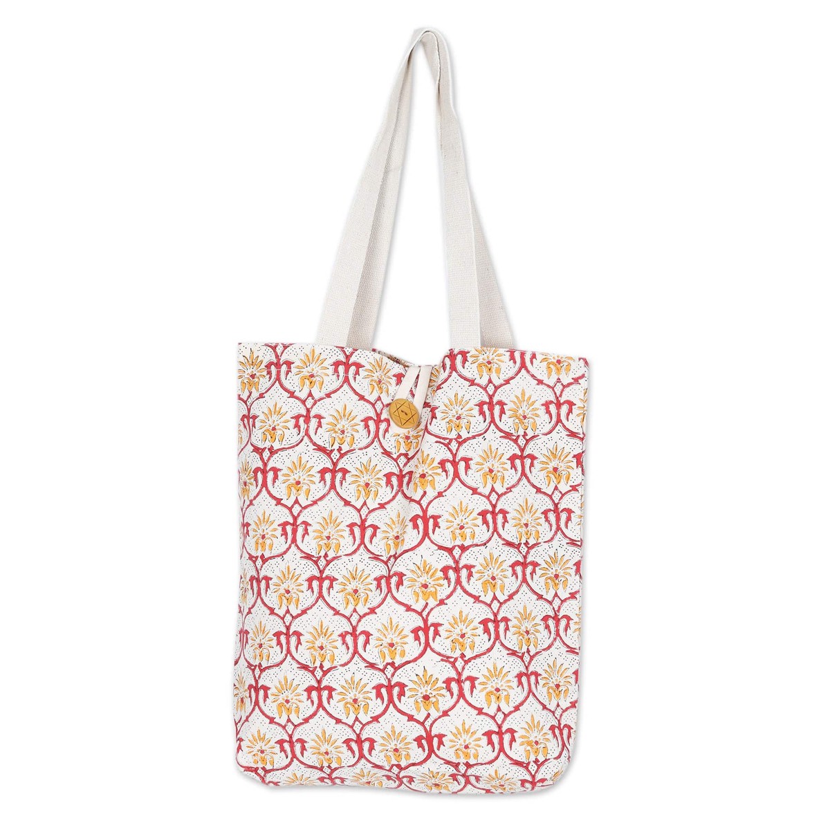 Handcrafted Cotton Tote Bag with Floral Pattern in Saffron - Saffron Orchard