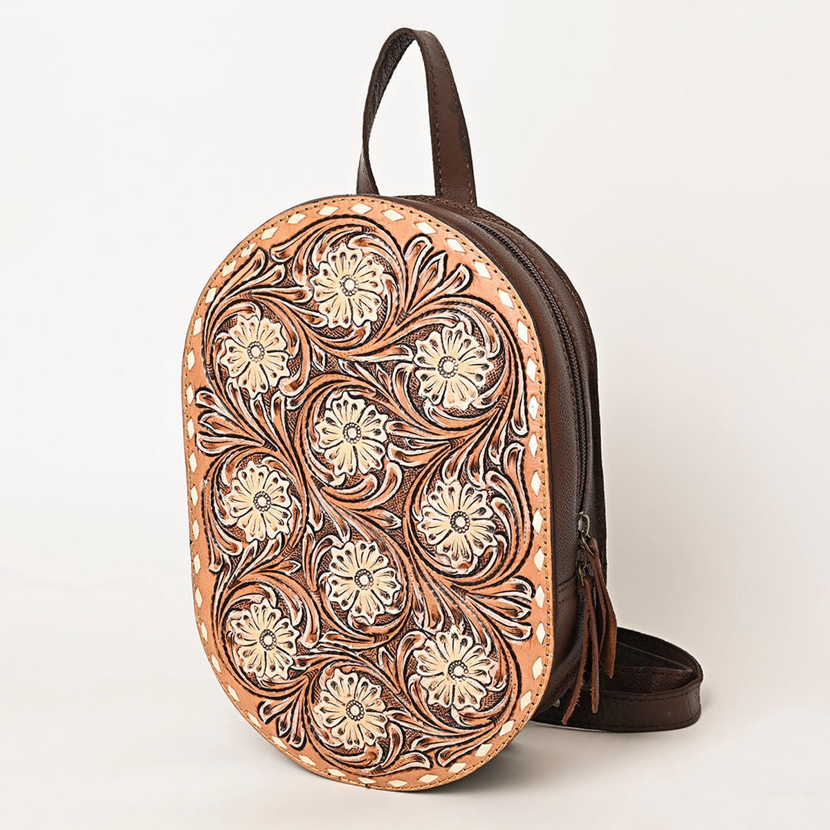 American Darling Hand Tooled Floral Carved Sling Bag Eco-Friendly Vegetable-Tanned Genuine Leather Western Purse YKK Zipper