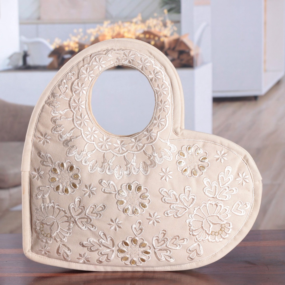 Gotta Patti Embroidered Alabaster Velvet Heart Handbag - Be Still My Heaven