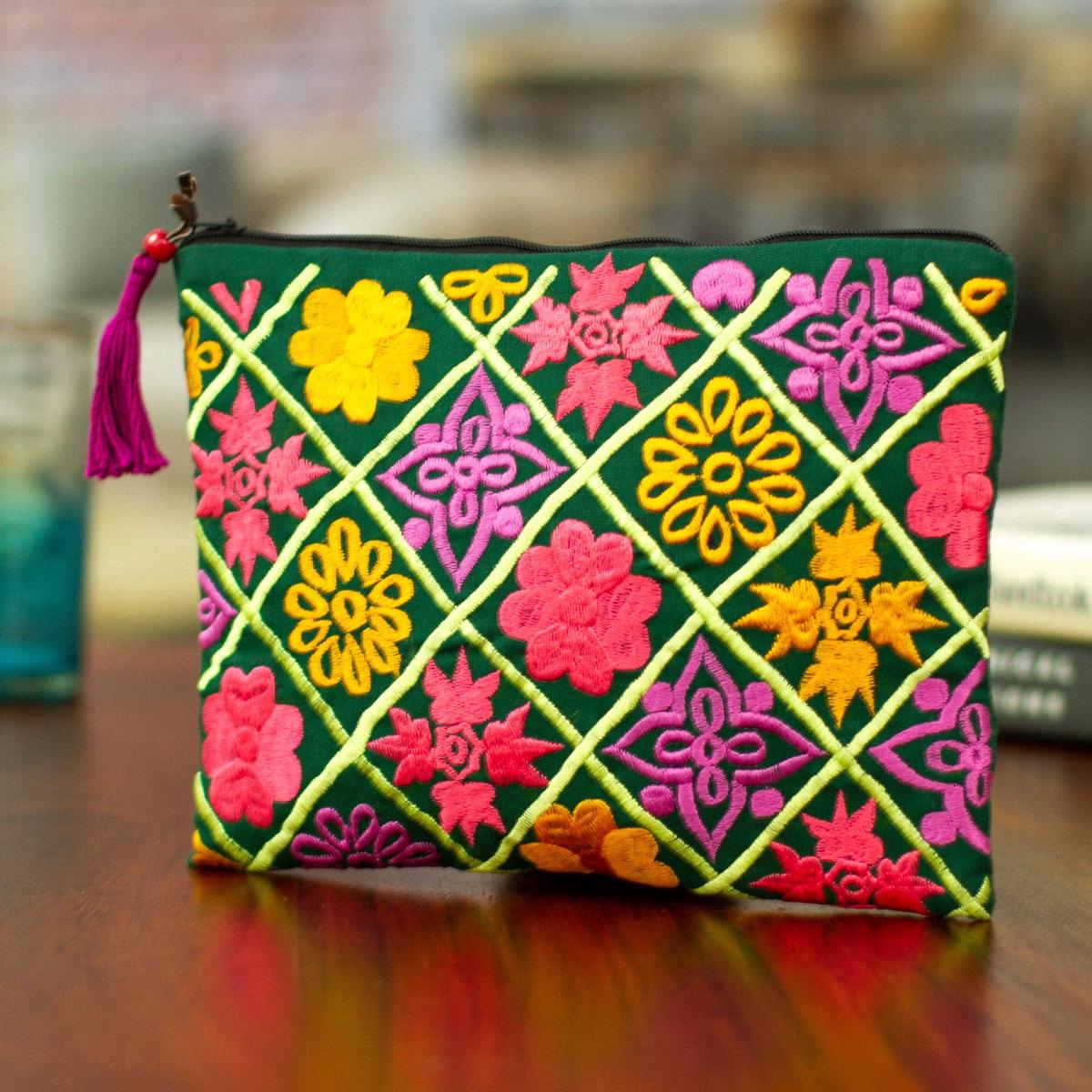 Silk-Embroidered Floral Satin Cosmetic Bag in Green - Glimmers From the Forest
