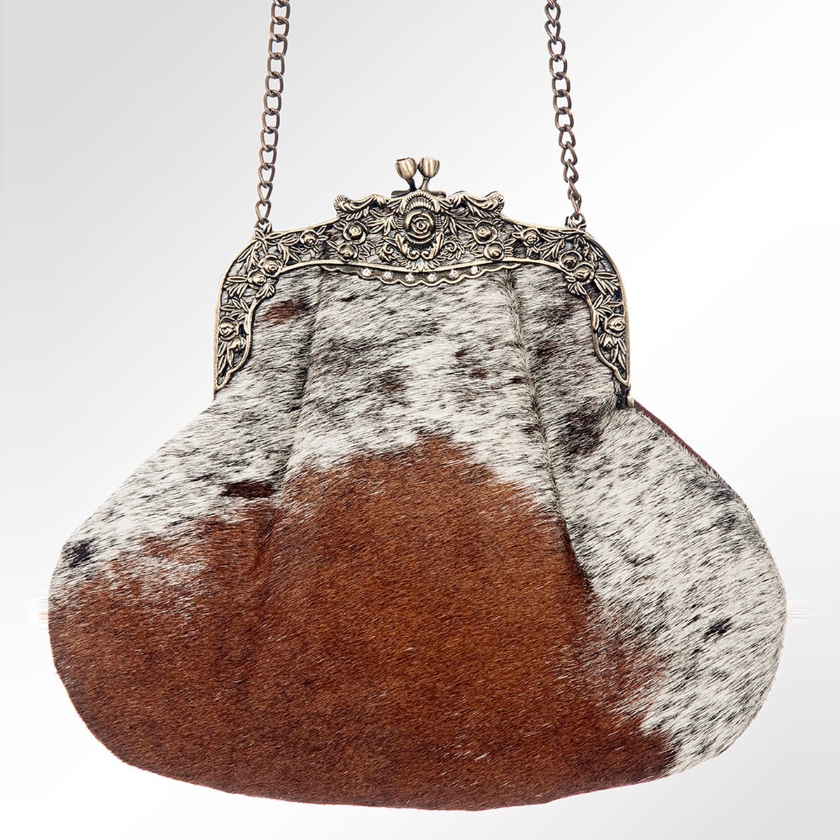 American Darling Coin Purse Bag Hair-On Cowhide Genuine Leather Western Pouch with Vintage Frame and Chain Strap