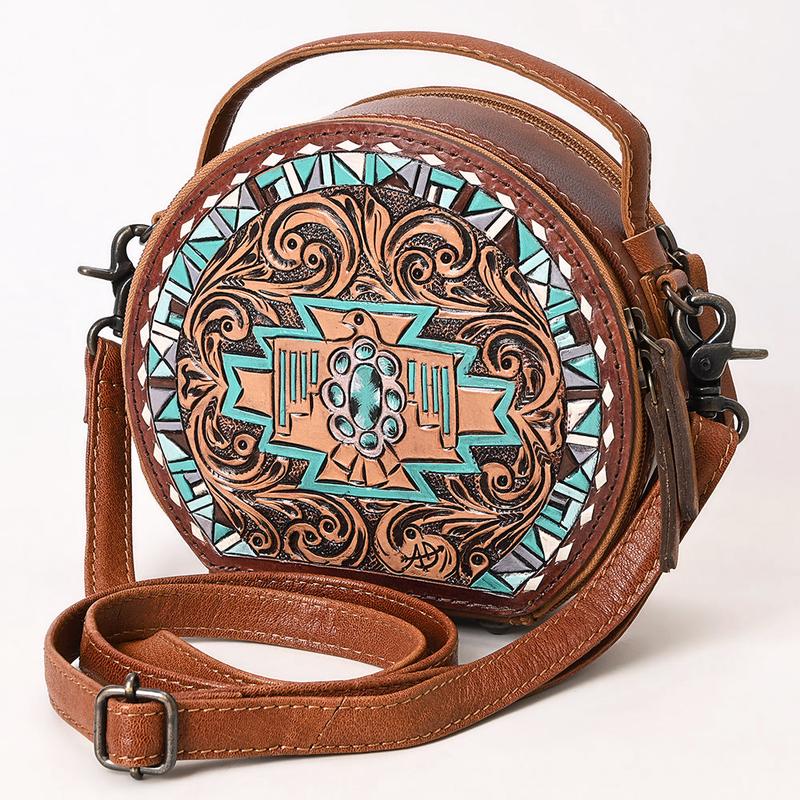 American Darling Western Canteen Bag Hand-Tooled Floral Carved Genuine Leather with Buck-Stitched Accents and Functional Everyday Design