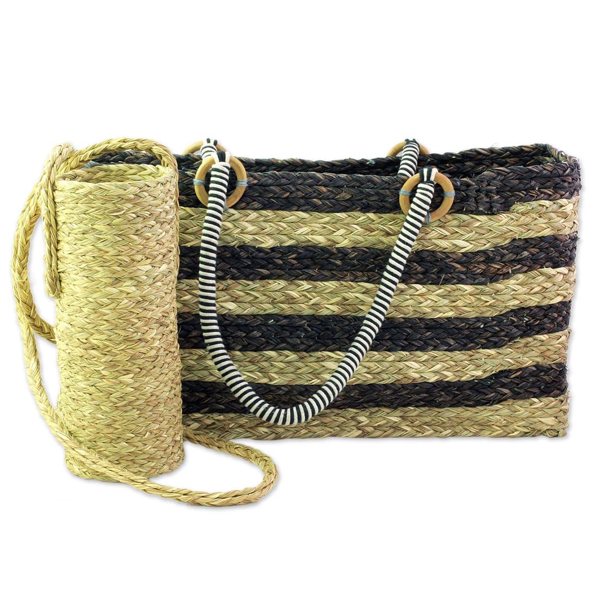 Brown Tote and Bottle Holder Set Hand Woven Natural Fibers - Life's a Picnic