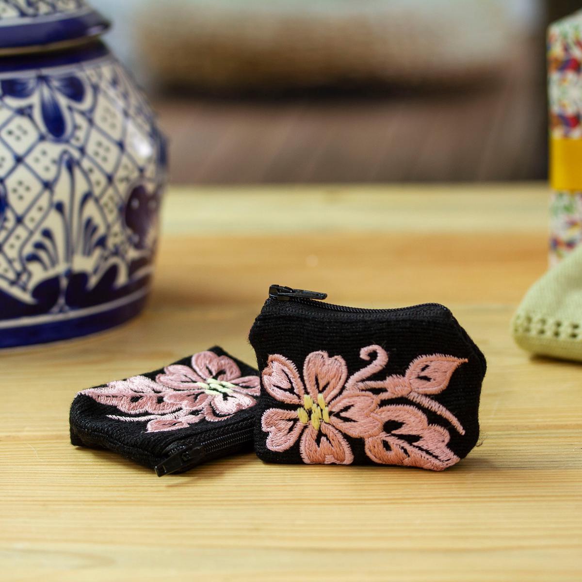 Embroidered Blush Cotton Coin Purse Pair with Floral Theme - Blush & Black Spring