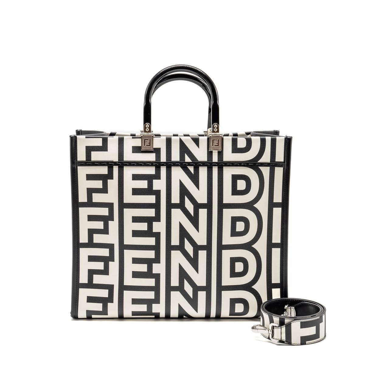 Fendi Medium Sunshine Roma Shopping Bag Calfskin Black/White SHW