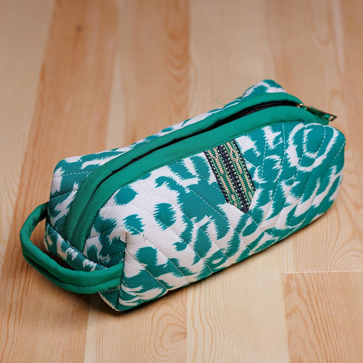 Handmade Green & White Ikat Cotton Cosmetic Bag with Handle - Gorgeous Green