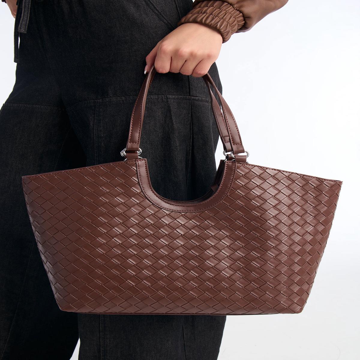 On The Go Faux Leather Tote Bag - Brown