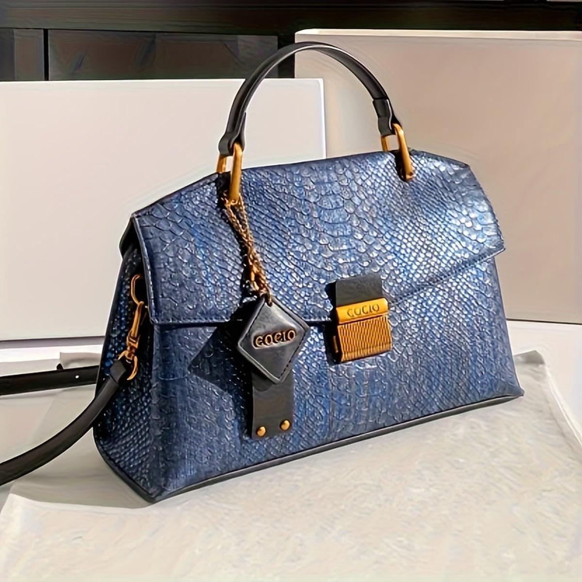 Vintage Croc Pattern Large Tote Bag Women Split Leather Shoulder Detachable Stra