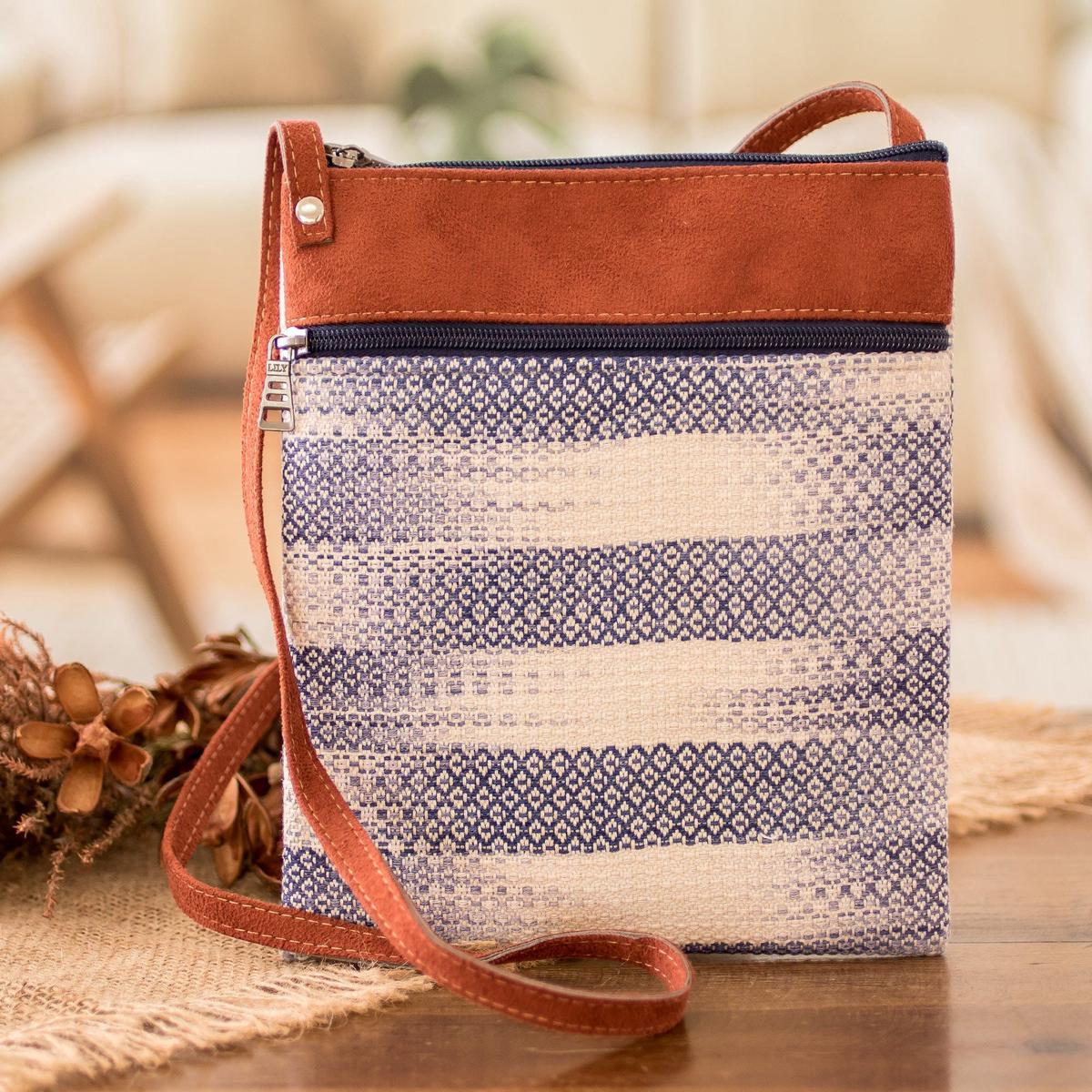 Faux Leather-Accented Cotton Sling Bag in Blue-Violet Hues - Paradise in Blue-Violet