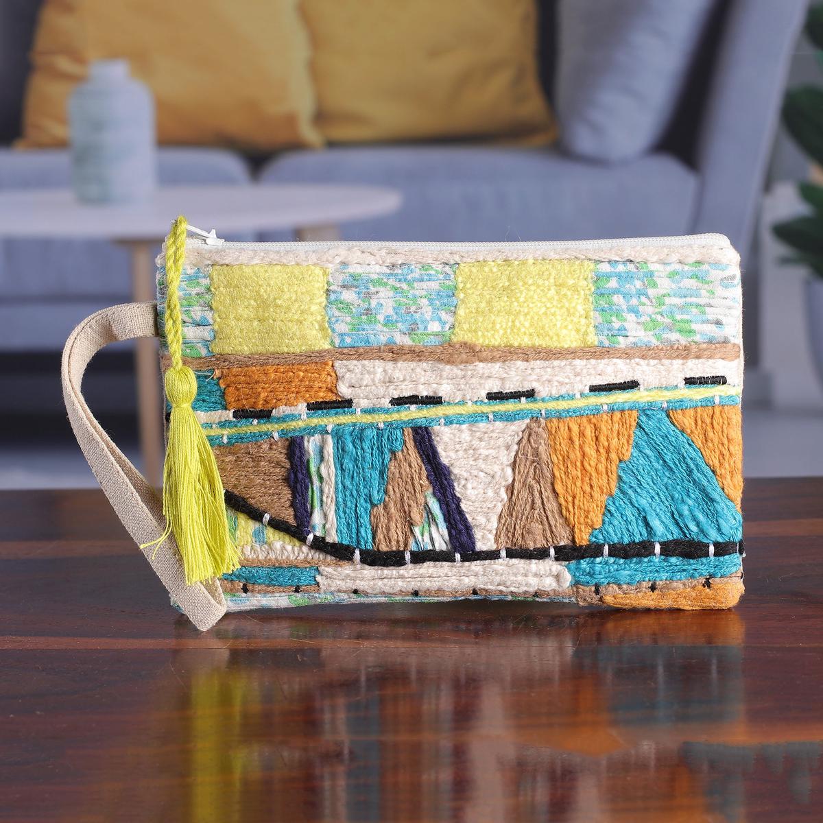Bohemian-Inspired Embroidered Cotton Wristlet with Zipper - Bohemian Flare