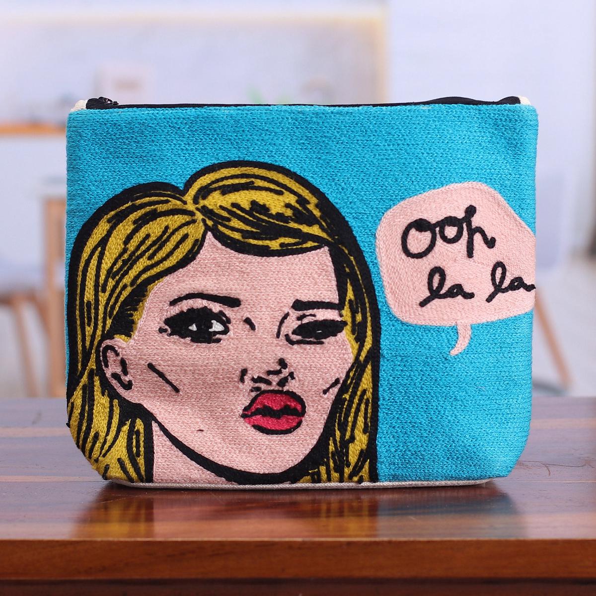 Bold Embroidered Sky Blue Cotton Cosmetic Bag with Zipper - Ooh La La