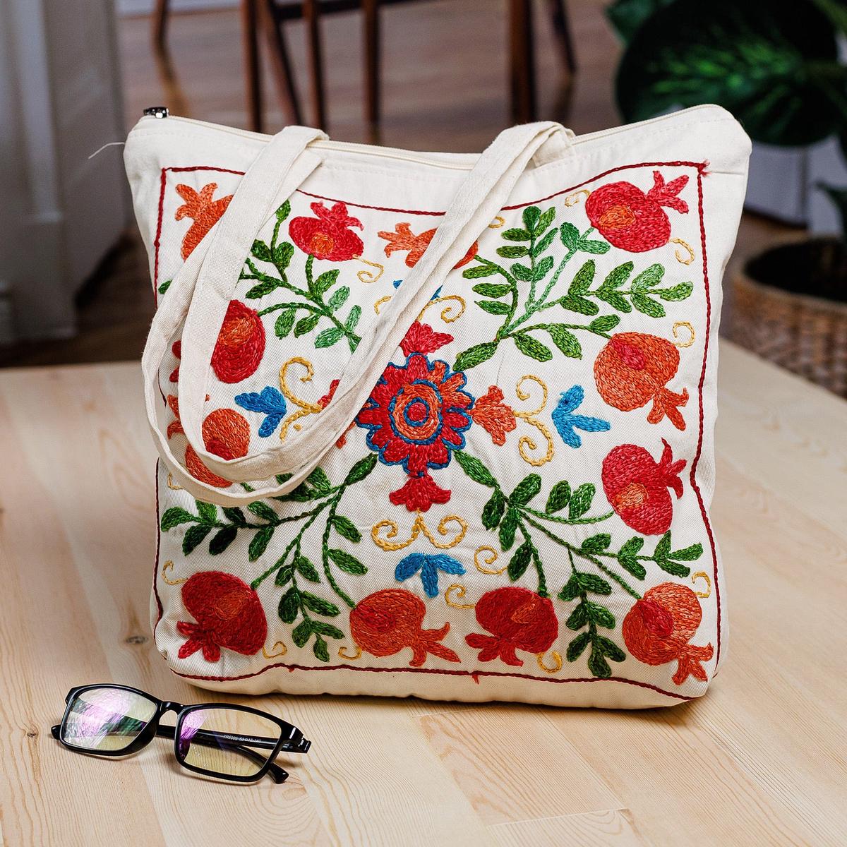 Classic Pomegranate-Themed Embroidered Cotton Tote Bag - Pomegranate Day