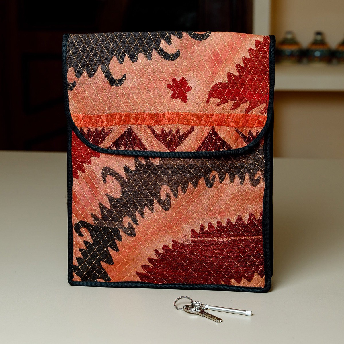 Cotton Blend Tablet Bag Hand-Embroidered in Suzani Style - Chic Charm