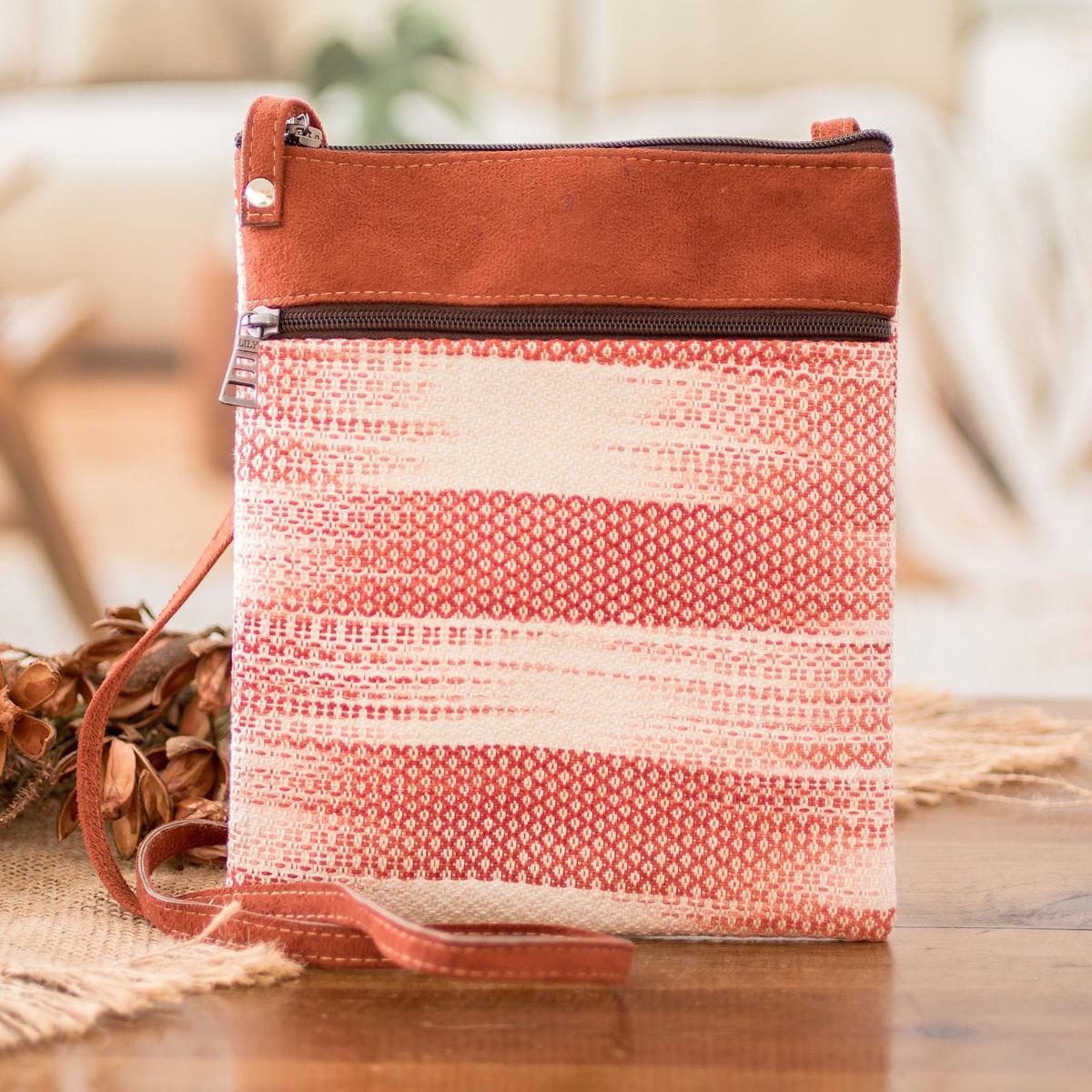 Faux Leather-Accented Cotton Sling Bag in Salmon Hues - Paradise in Salmon