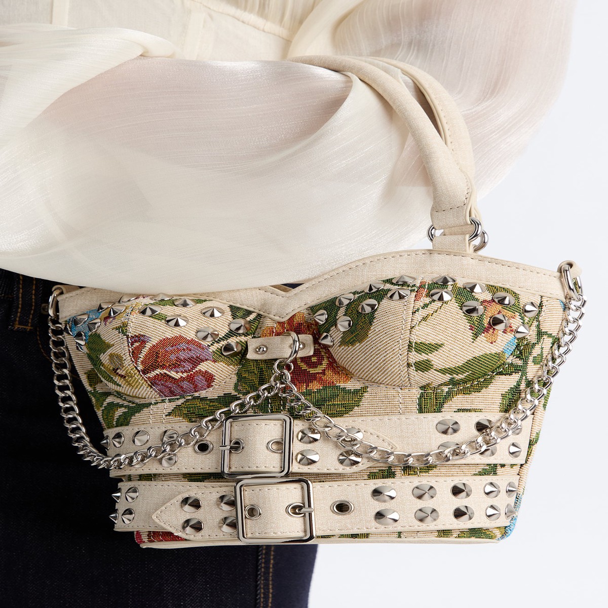 Good Graces Floral Studded Satchel Handbag - Ivory/combo