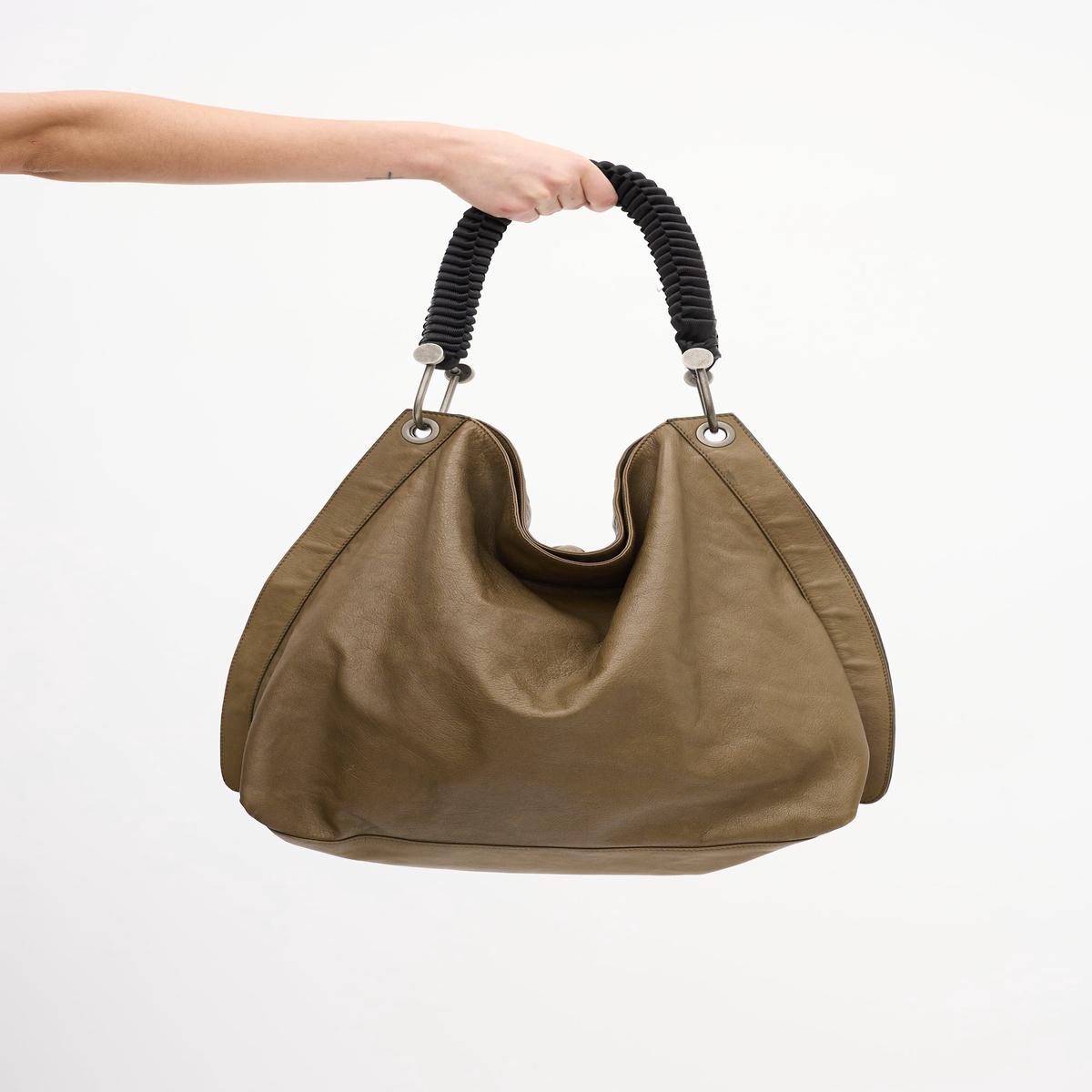 Khaki Green Leather Rope Handle Tote Bag