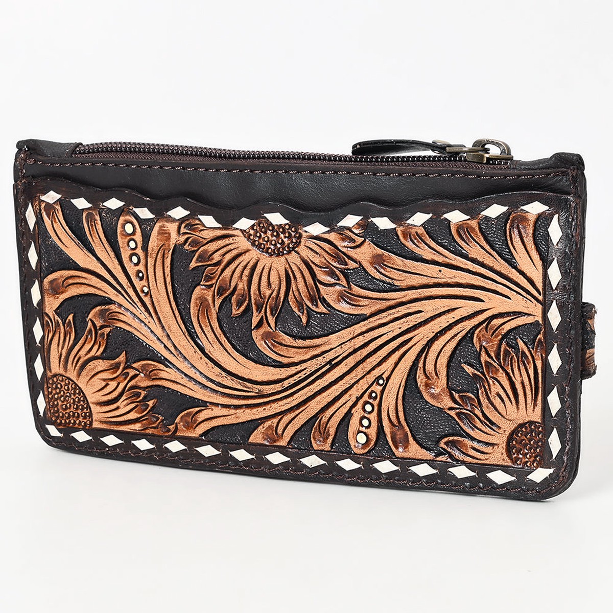 American Darling Card Holder - Buck Stitched Floral Carved, Eco-Friendly Vegetable Tanned Full Grain Leather, Western Wallet