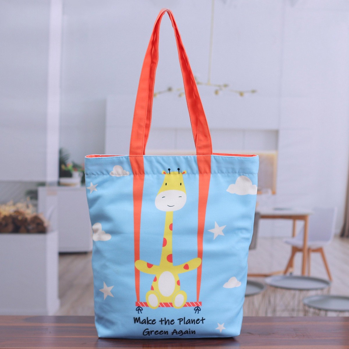 Printed Inspirational Giraffe-Themed Blue Cotton Tote Bag - Swing for the Planet