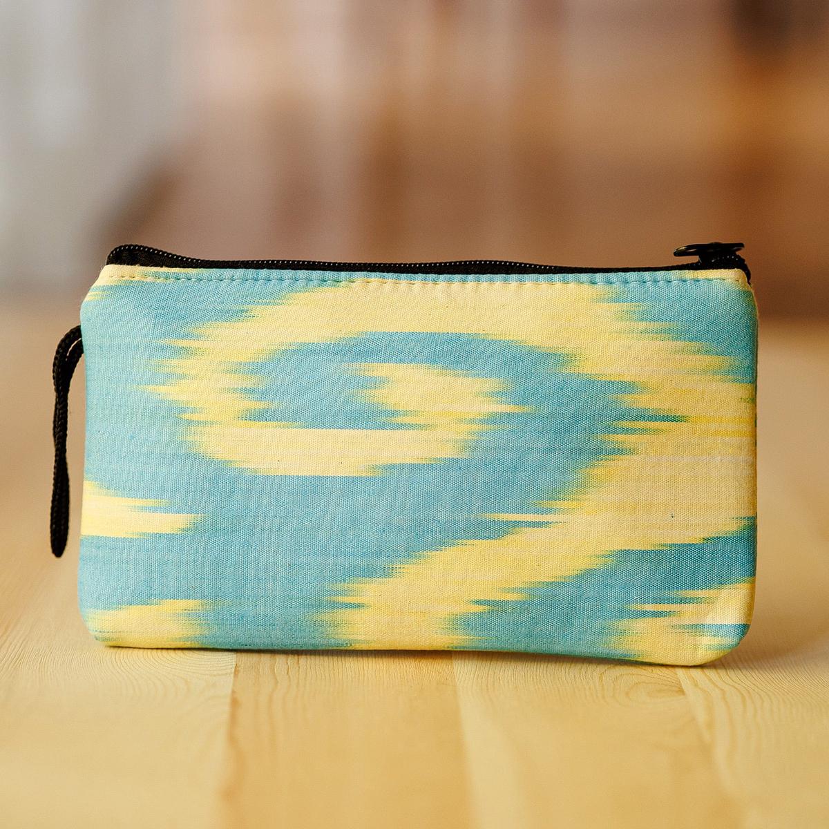 Spiral Yellow Ikat Patterned Cotton Cosmetic Bag with Zipper - Tropical Feel