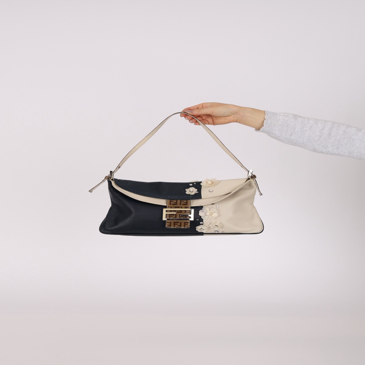 Ultra-Rare Fendi Mother of Pearl Jasmine Flower Embellished Bicolor Double Flap Baguette