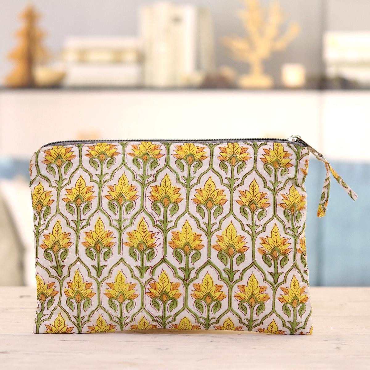 Cotton Cosmetic Bag with Hand-Block Printed Flowers & Leaves - Glorious Buttercup