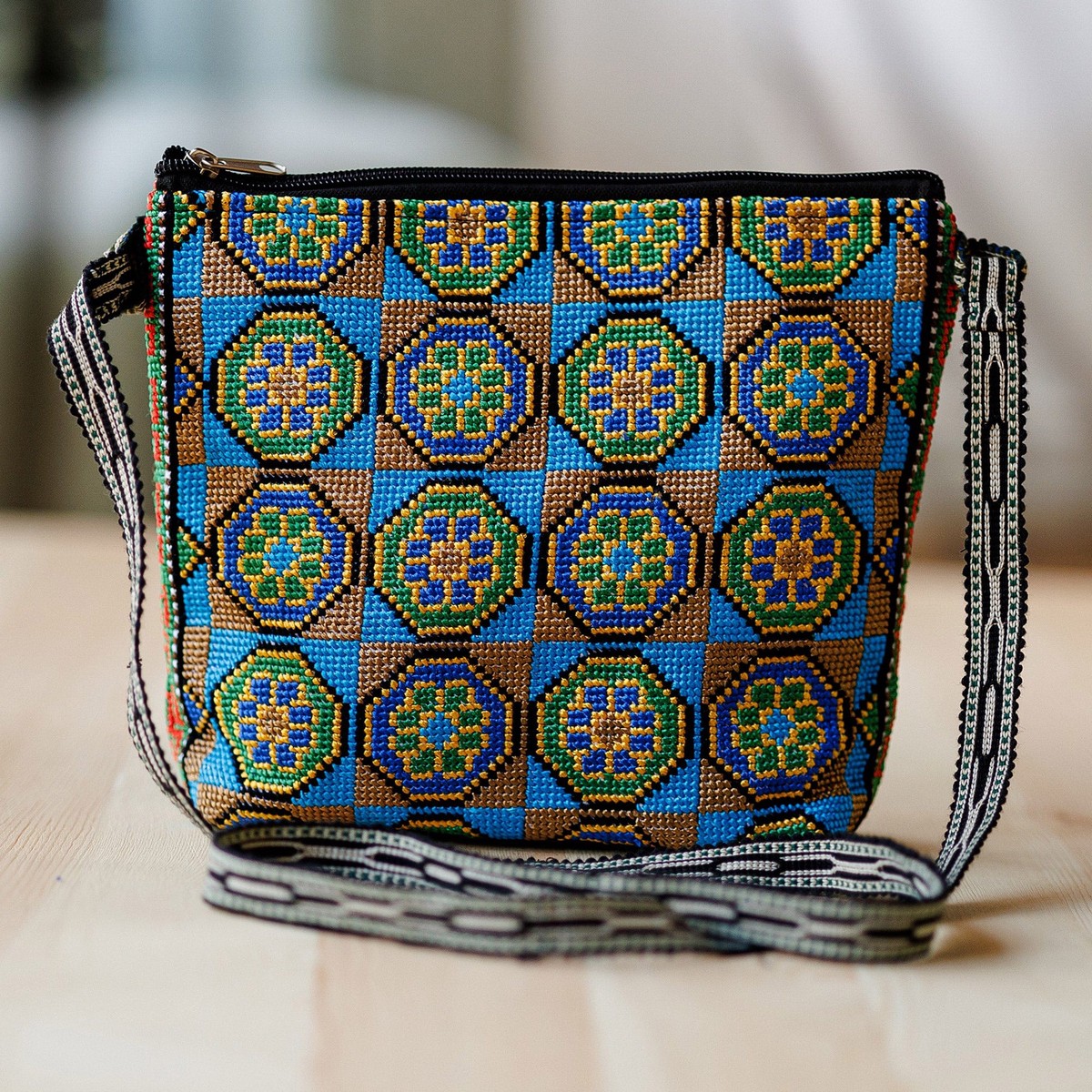 Floral Mosaic-Patterned Green and Yellow Embroidered Sling - Eden Mosaic in Green