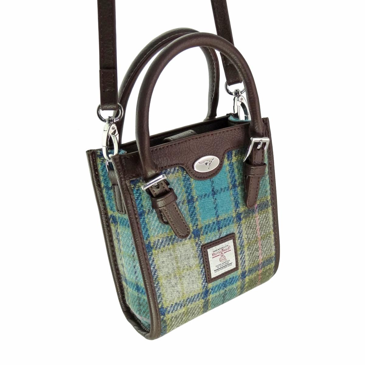 Glen Appin Harris Tweed Keltie Tall Mini Tote Bag in Turquoise Tartan