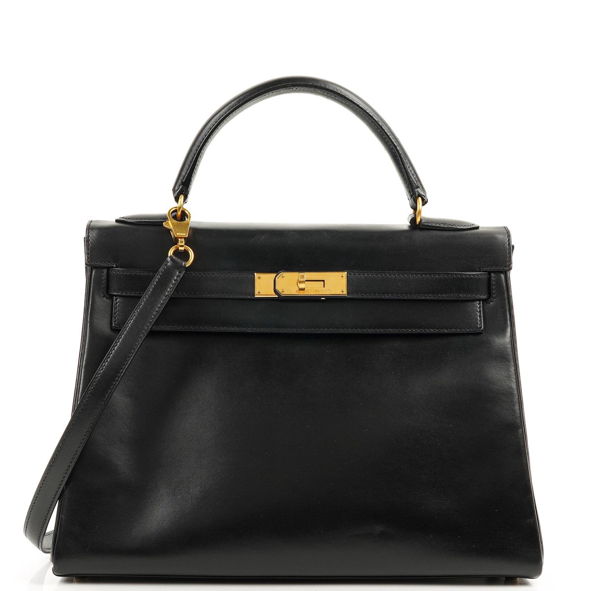 Hermes Kelly 32 Retourne Vintage Black Box Calf Gold Hardware, 1997
