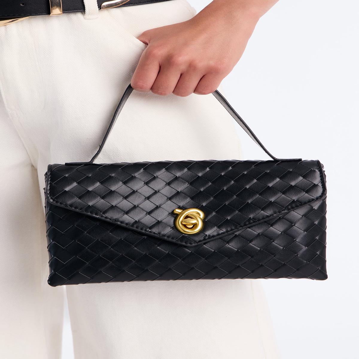 In The Statement Woven Faux Leather Clutch - Black