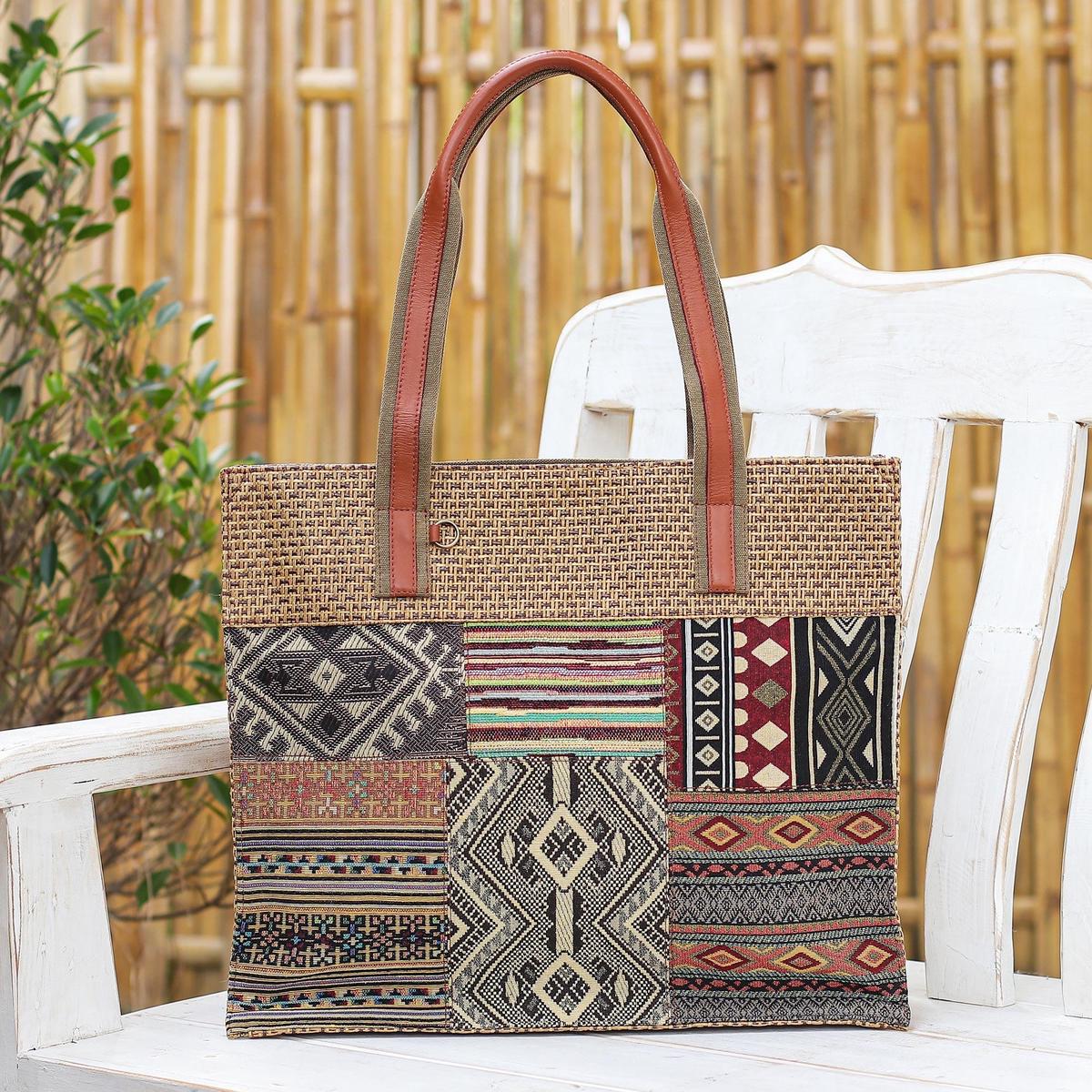 Patchwork Cotton Tote Bag with Leather Handle - Chill Night in Yellow