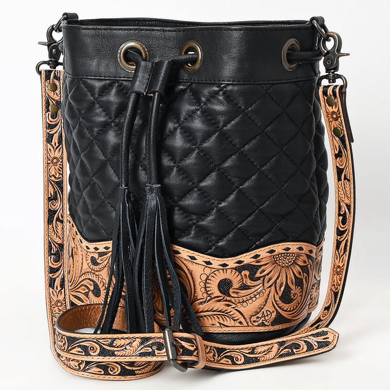 American Darling Genuine Leather Hand-Tooled Floral Quilted Bucket Bag with Tassels and YKK Zipper