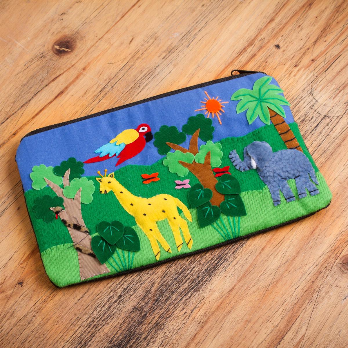 Cotton Applique Folk Art Cosmetic Bag - Jungle Friends
