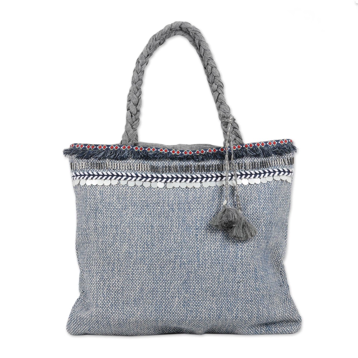Embroidered Grey Linen and Cotton Tote Bag - Assam Elegance
