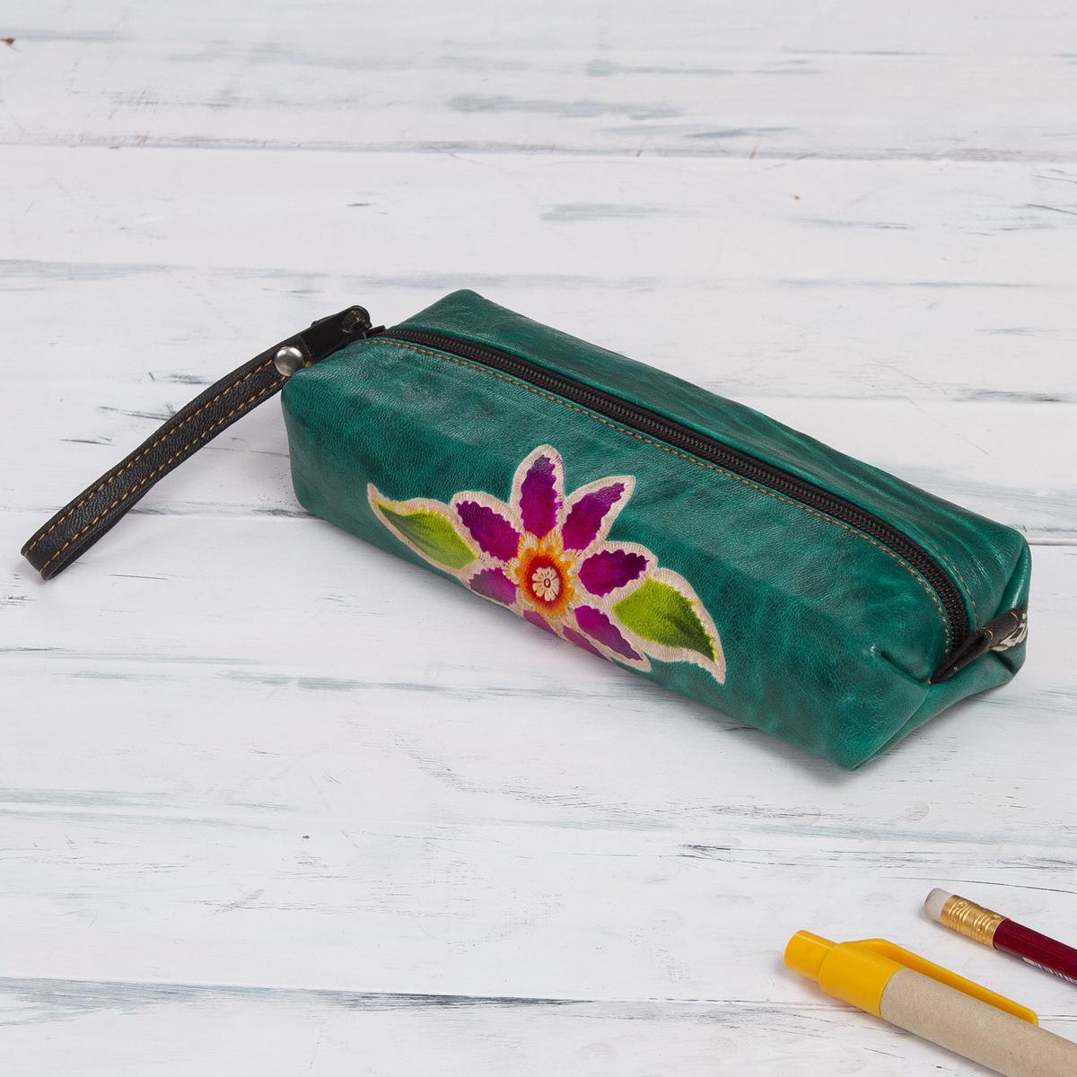 Green Leather Makeup Case with Hand Painted Flower - Cusco Flower