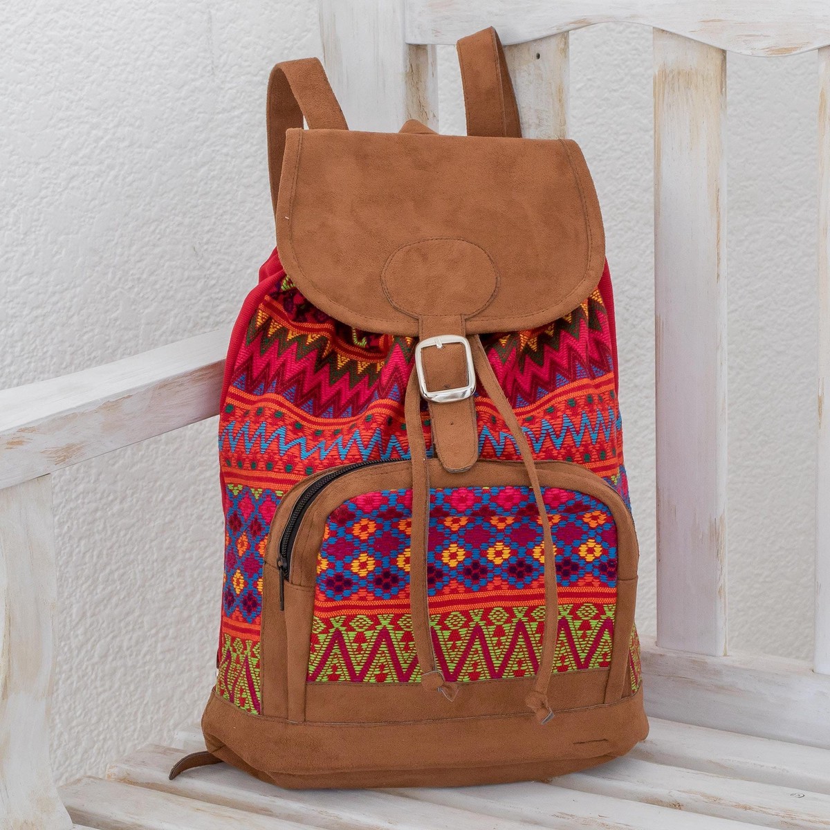 Zigzag Motif Handwoven Cotton Backpack from Guatemala - Flowers of Comalapa